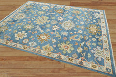 7' 9''x9' 9'' Blue Sage Light Gold Color Hand Knotted Indo Oushak 100% Wool Traditional Oriental Area Rug