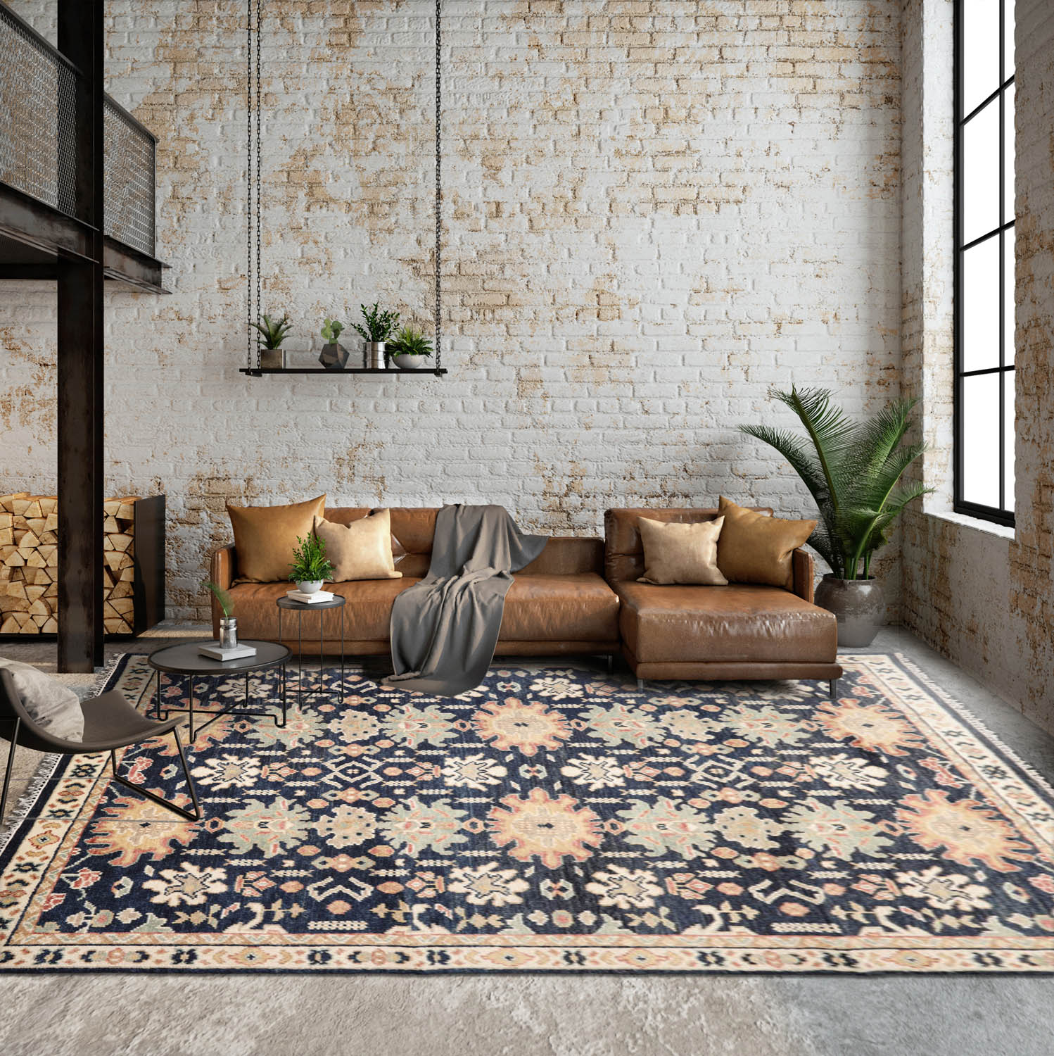 8 x 10  Navy Beige Mint Color Hand Knotted All-Over 100% Wool Transitional Oriental Rug