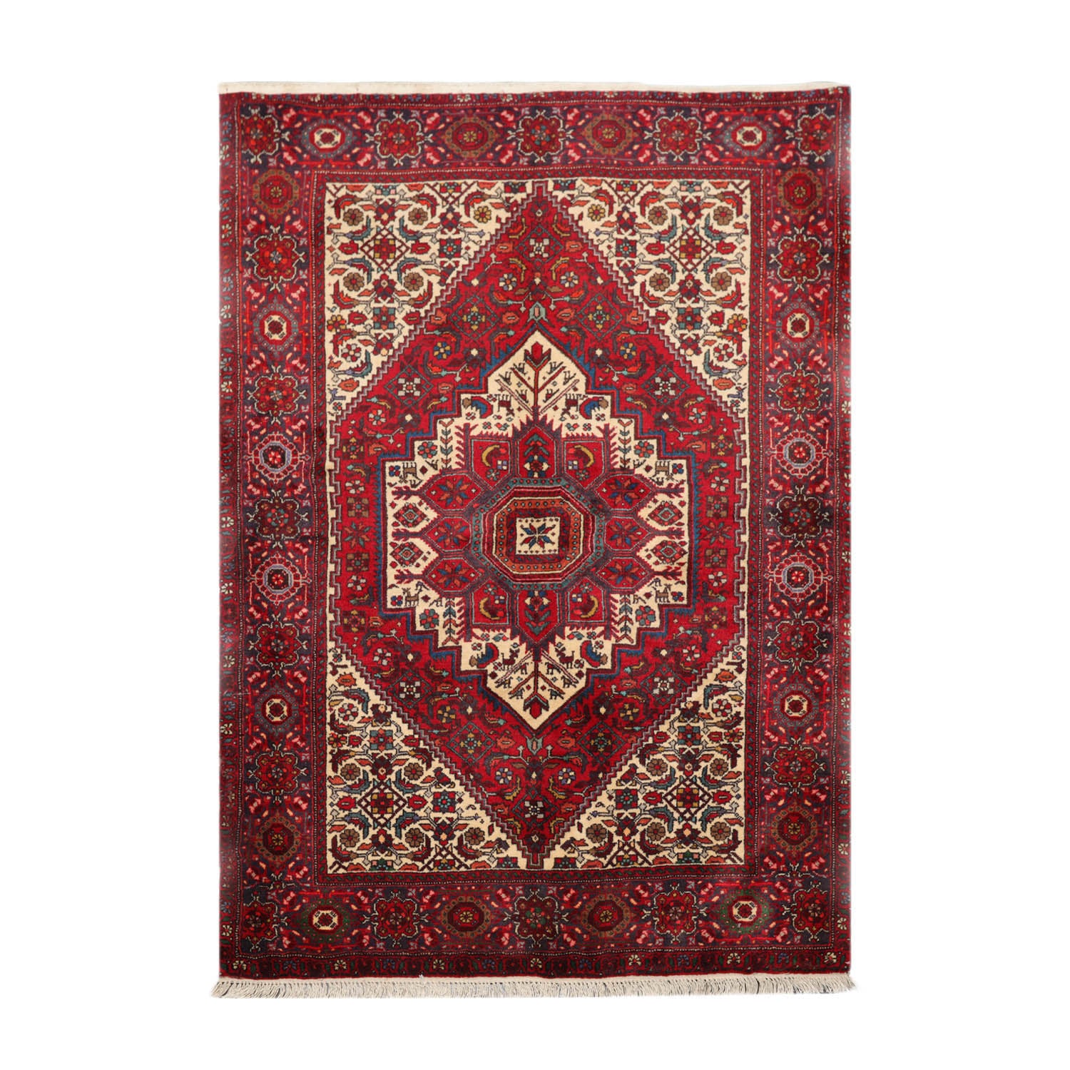 3' 5''x5' Red Ivory Blue Color Hand Knotted Persian 100% Wool Traditional Oriental Rug