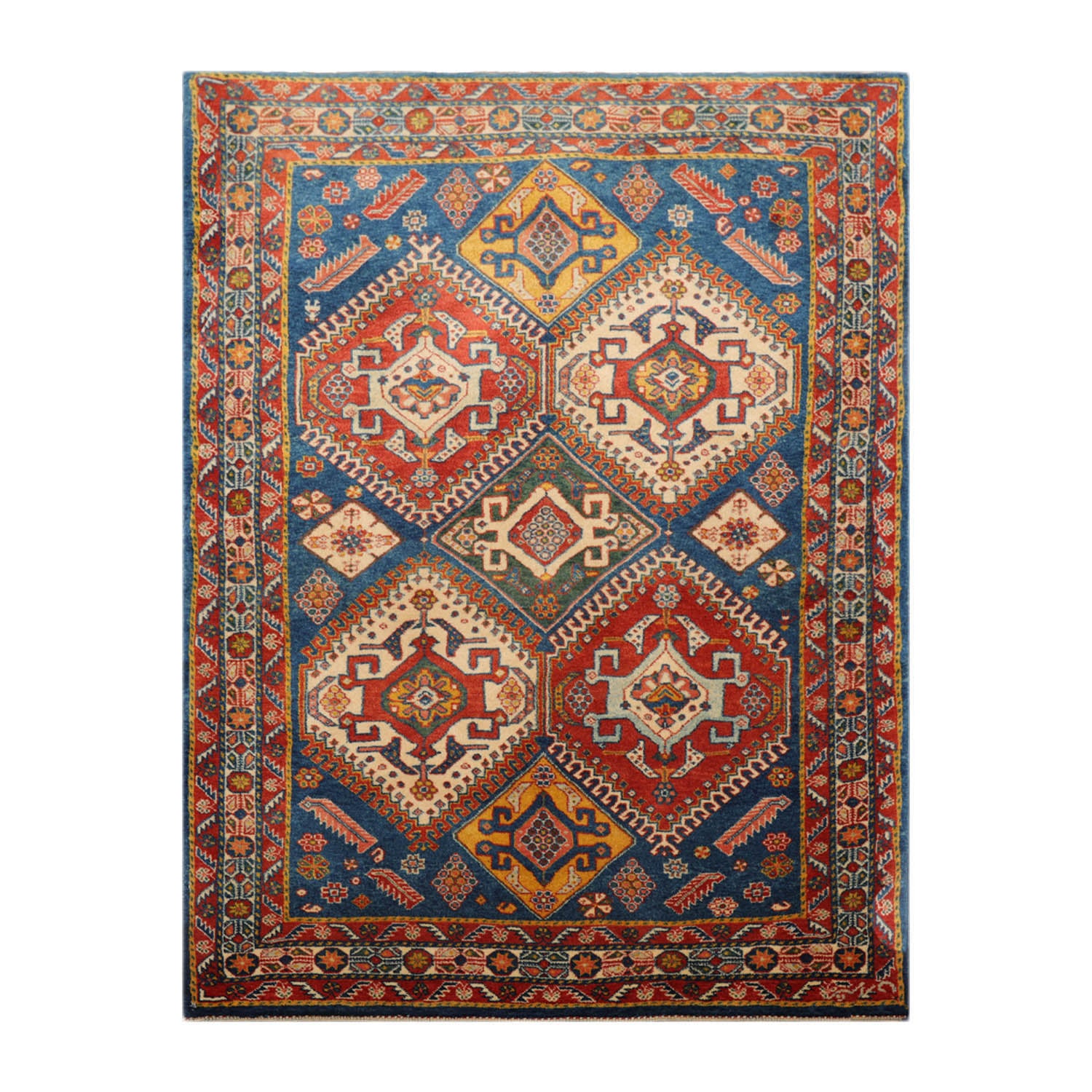 3' 3''x4' 3'' Blue Teracotta Gold Color Hand Knotted Persian 100% Wool Traditional Oriental Rug