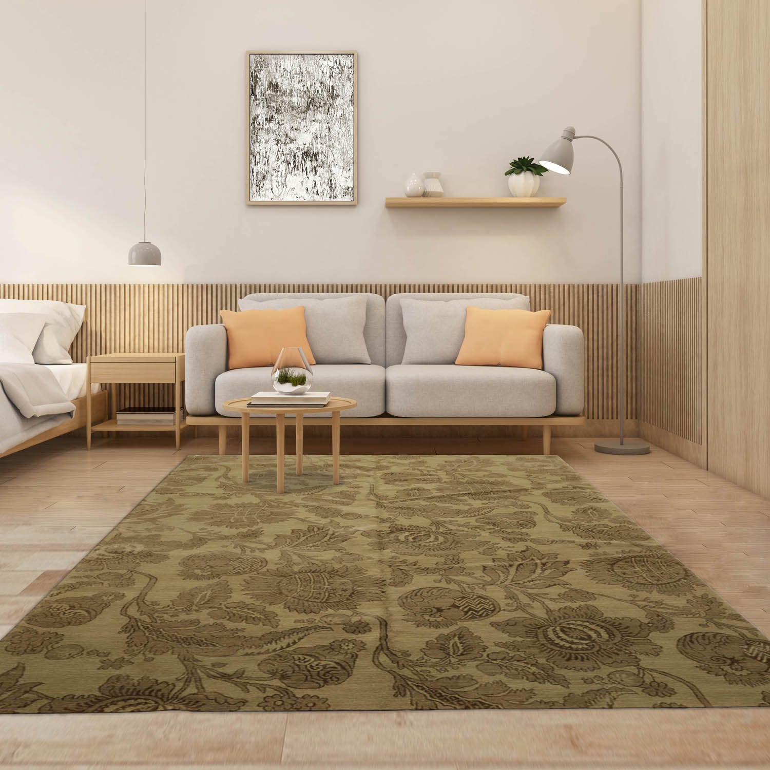 6' x9' Olive Green Moss Color Hand Knotted Tibetan Wool and Silk Transitional Oriental Rug