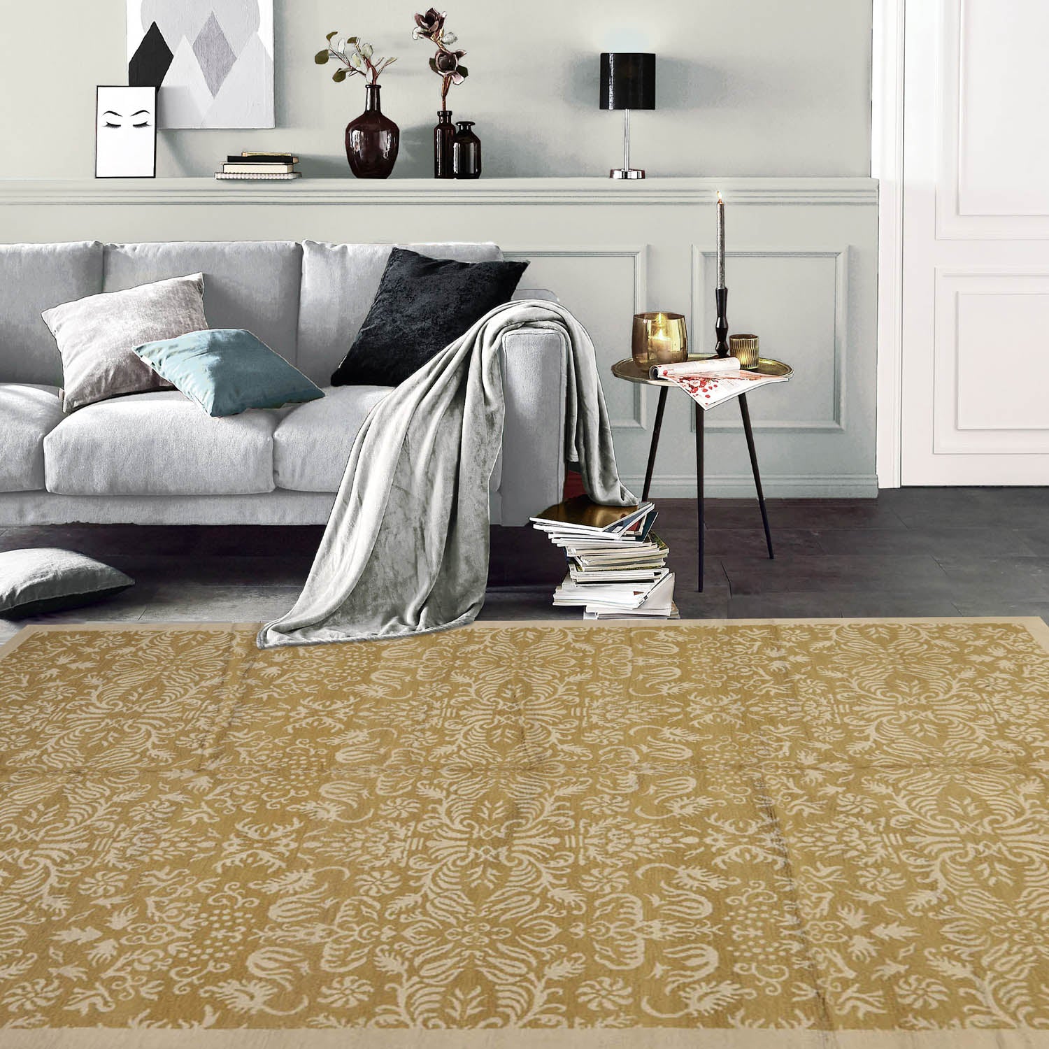 5' 11''x8' 10'' Green Light Gold Color Hand Knotted Tibetan Wool and Silk Transitional Oriental Rug