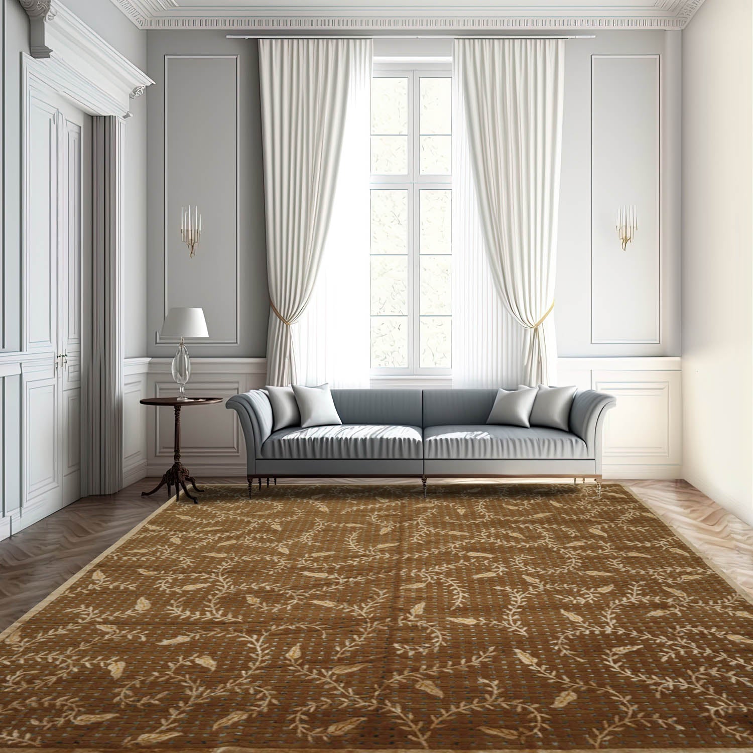 8' x10' Brown Gold Gray Color Hand Knotted Tibetan Wool and Silk Transitional Oriental Rug