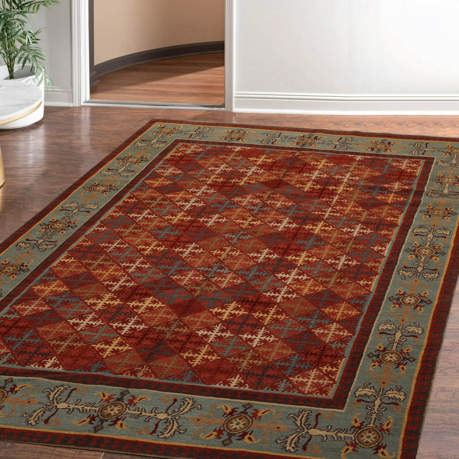 6' 1''x9' 1'' Rust Burnt Orange Aqua Color Hand Knotted Tibetan 100% Wool Traditional Oriental Rug