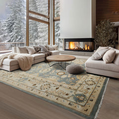 9x12 Celadon, Beige, Gray Color Hand Knotted All-Over 100% Wool Traditional Oriental Rug
