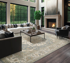 8x10 Cream, Celadon, Moss Color Hand Knotted All-Over 100% Wool Traditional Oriental Rug