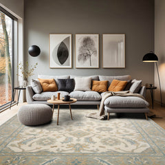 9x12 Cream, Aqua, Slate Color Hand Knotted All-Over 100% Wool Traditional Oriental Rug