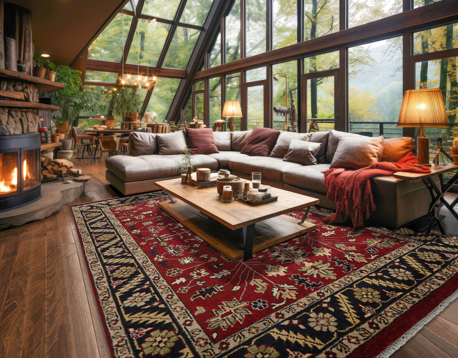 9x12 Red, Navy, Sage Color Hand Knotted All-Over 100% Wool Arts & Crafts Oriental Rug