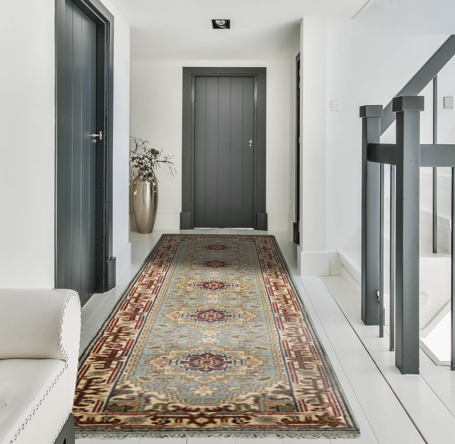 2x12 Runner Aqua Ivory Chocolate Color Hand Knotted All-Over 100% Wool Traditional Oriental Rug