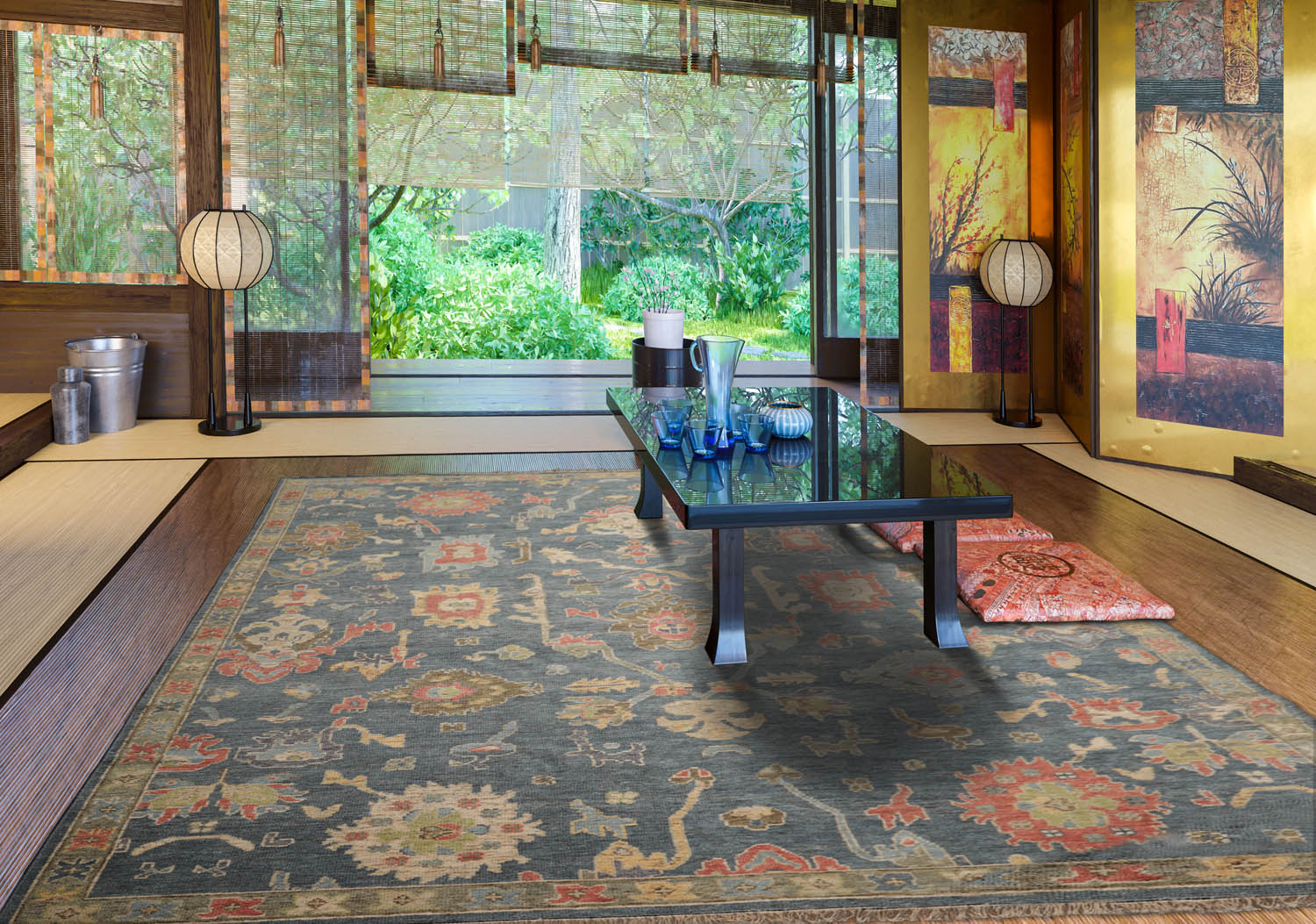 9' x12' Blue Gray Salmon Color Hand Knotted Oushak 100% Wool Traditional Oriental Rug