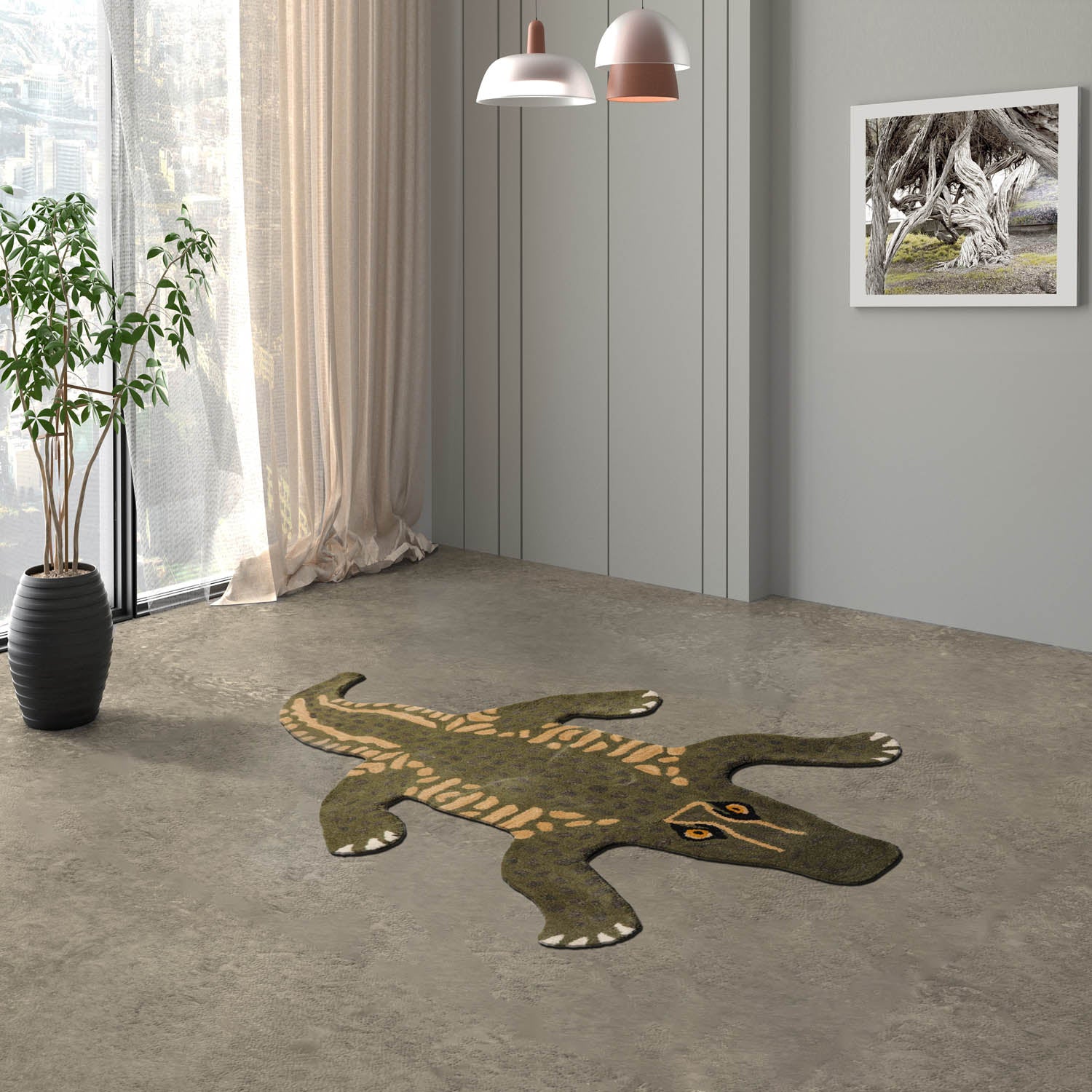 3 x 5 Green Gold Black Color Hand Tufted All-Over 100% Wool Novelty/ Animal Oriental Rug