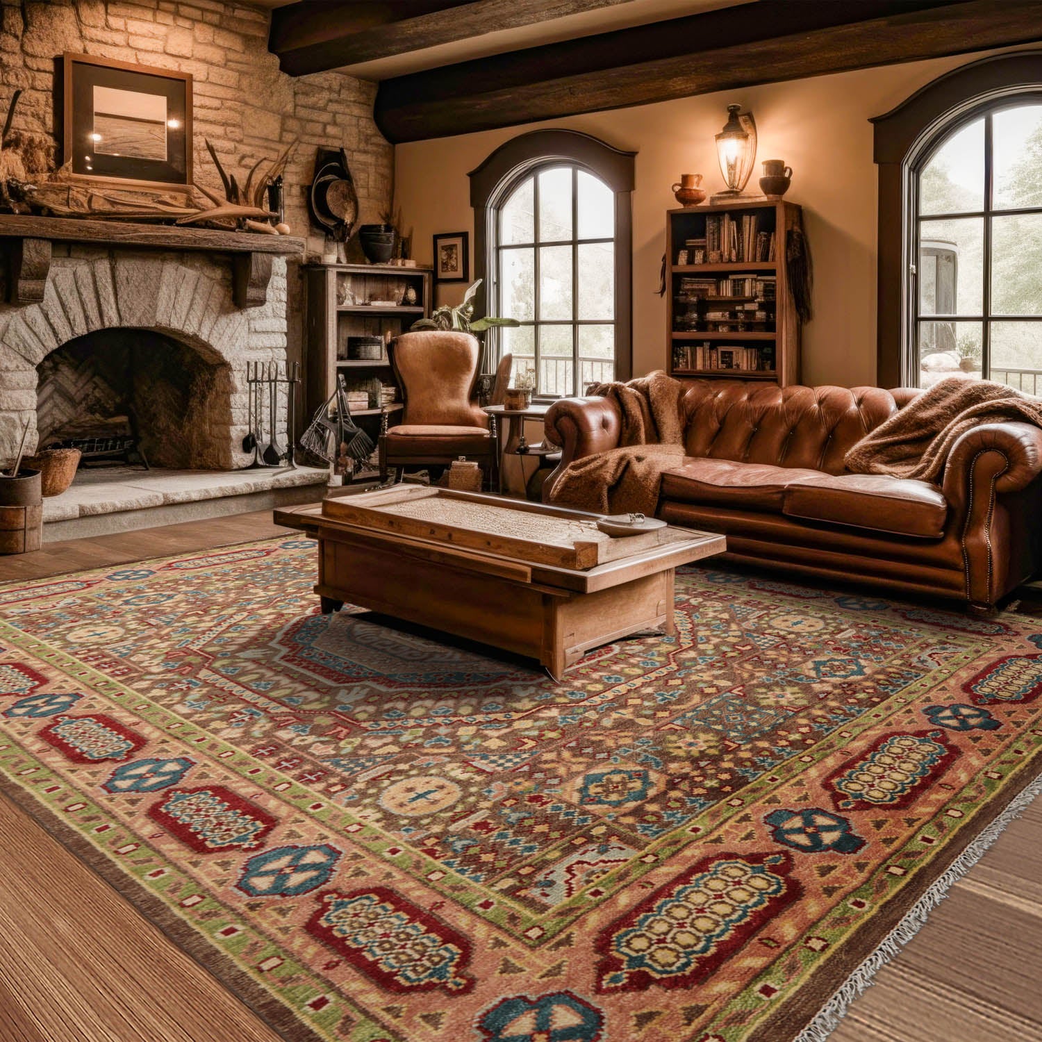 9x12 Brown, Blush, Rust Color Hand Knotted All-Over 100% Wool Traditional Oriental Rug