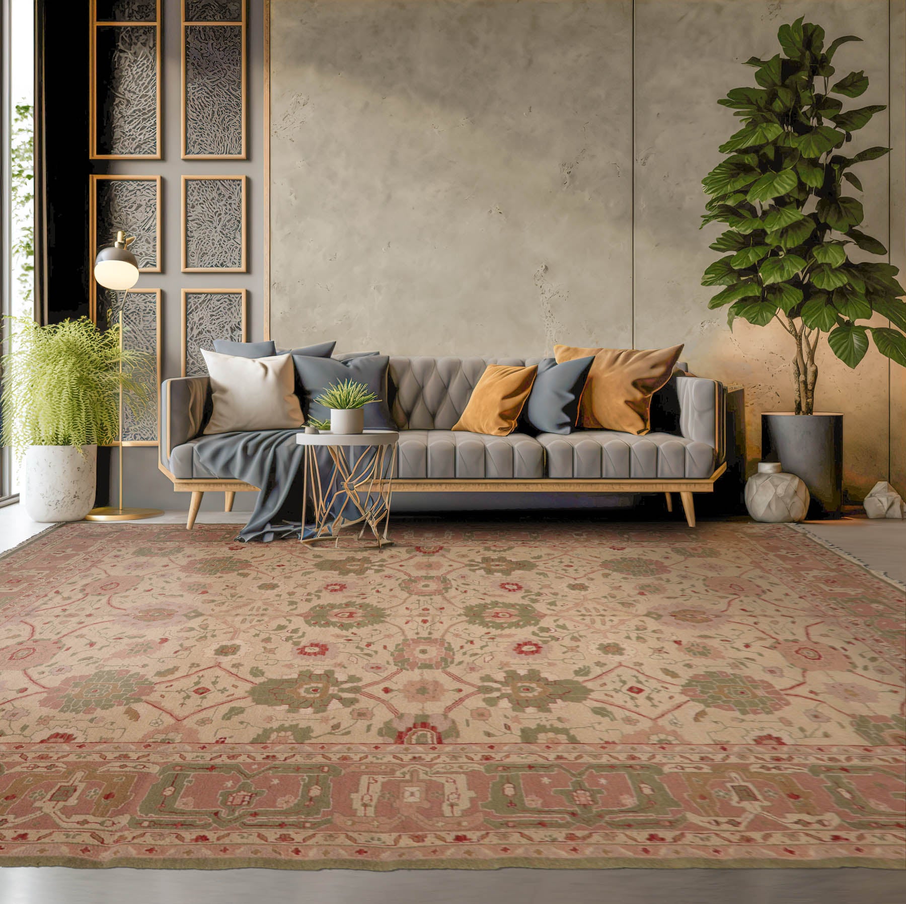 12' 2''x16' 2'' Beige Rose Sage Color Hand Knotted All-Over 100% Wool Traditional Oriental Rug