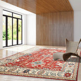 8' x10' Orangy Red Ivory Blue Color Hand Knotted All-Over 100% Wool Arts & crafts Oriental Rug