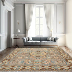 8' x10' Taupe Teal Gold Color Hand Knotted All-Over 100% Wool Traditional Oriental Rug