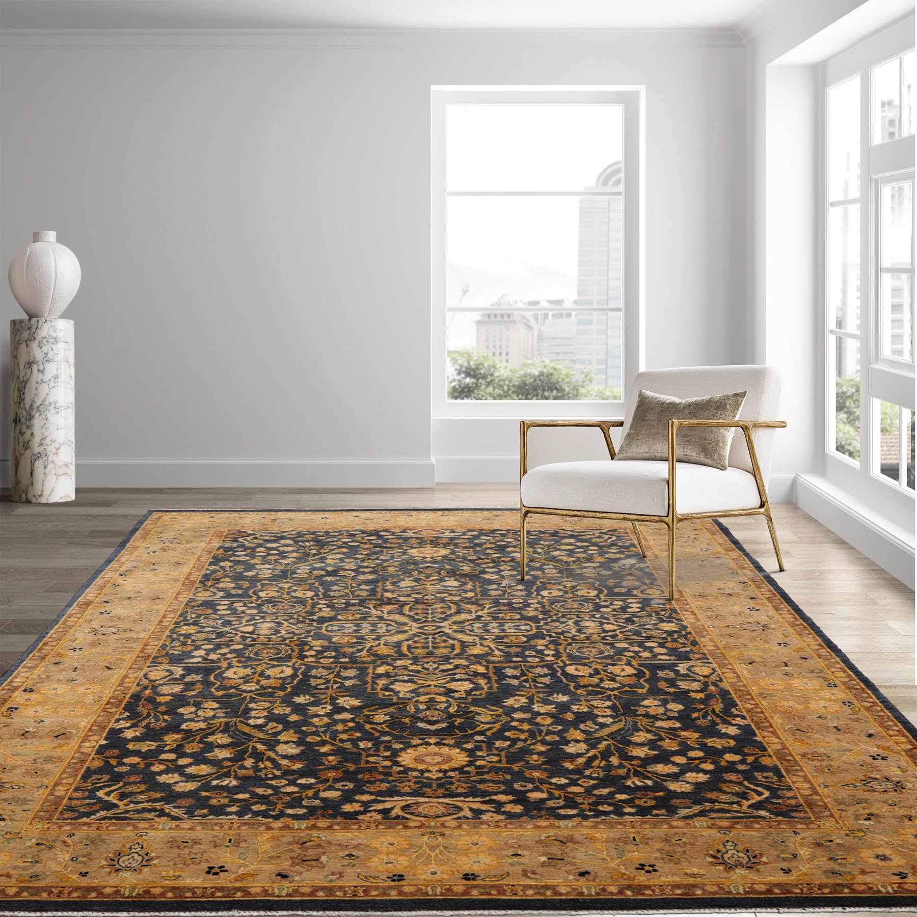 6x9 Denim Gold Brown Color Hand Knotted All-Over 100% Wool Traditional Oriental Rug