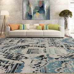9x12 Gray, Beige Charcoal Blue Color Hand Knotted All-Over 100% Wool Modern Oriental Rug