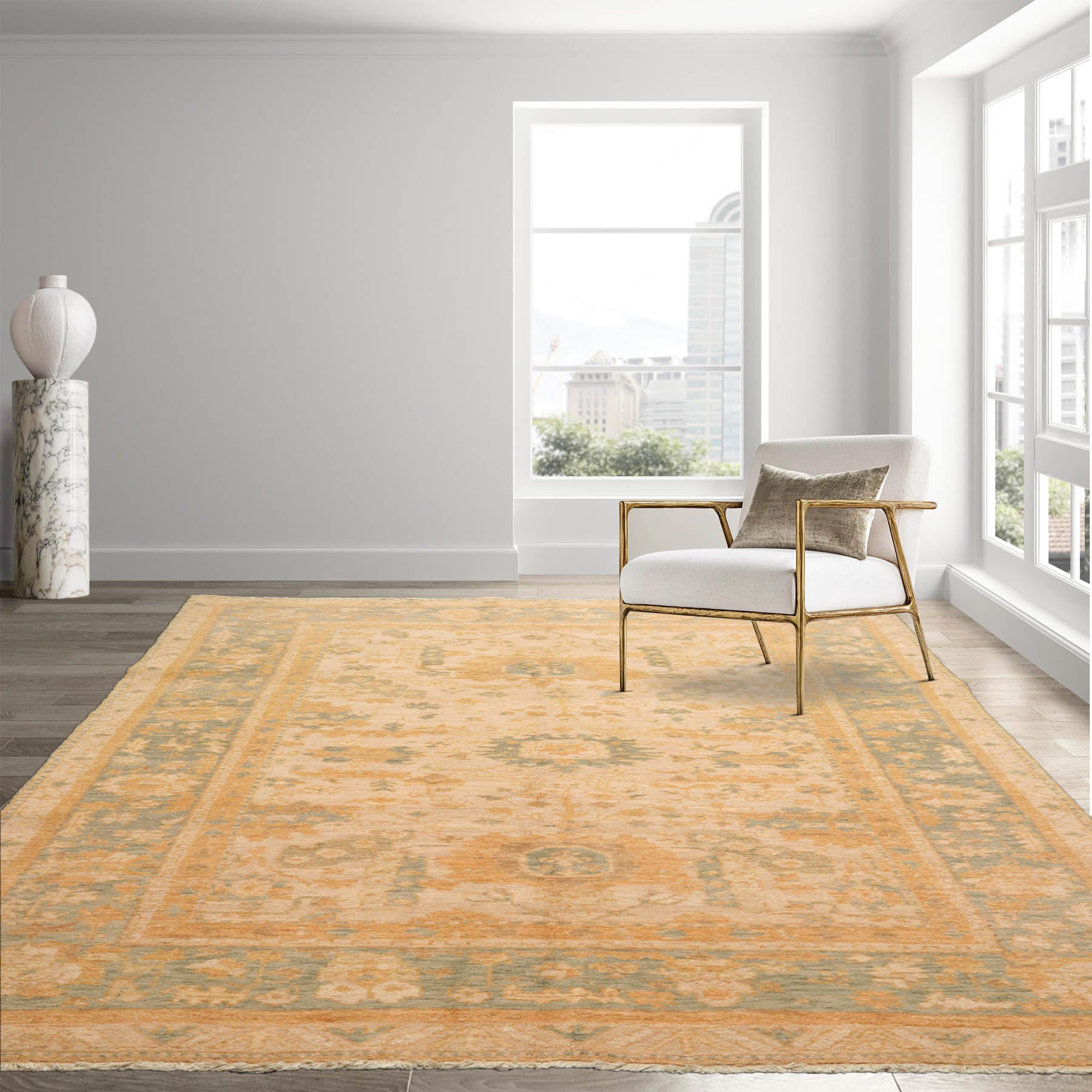 5x8 Beige Sage Gold Color Hand Knotted All-Over 100% Wool Traditional Oriental Rug