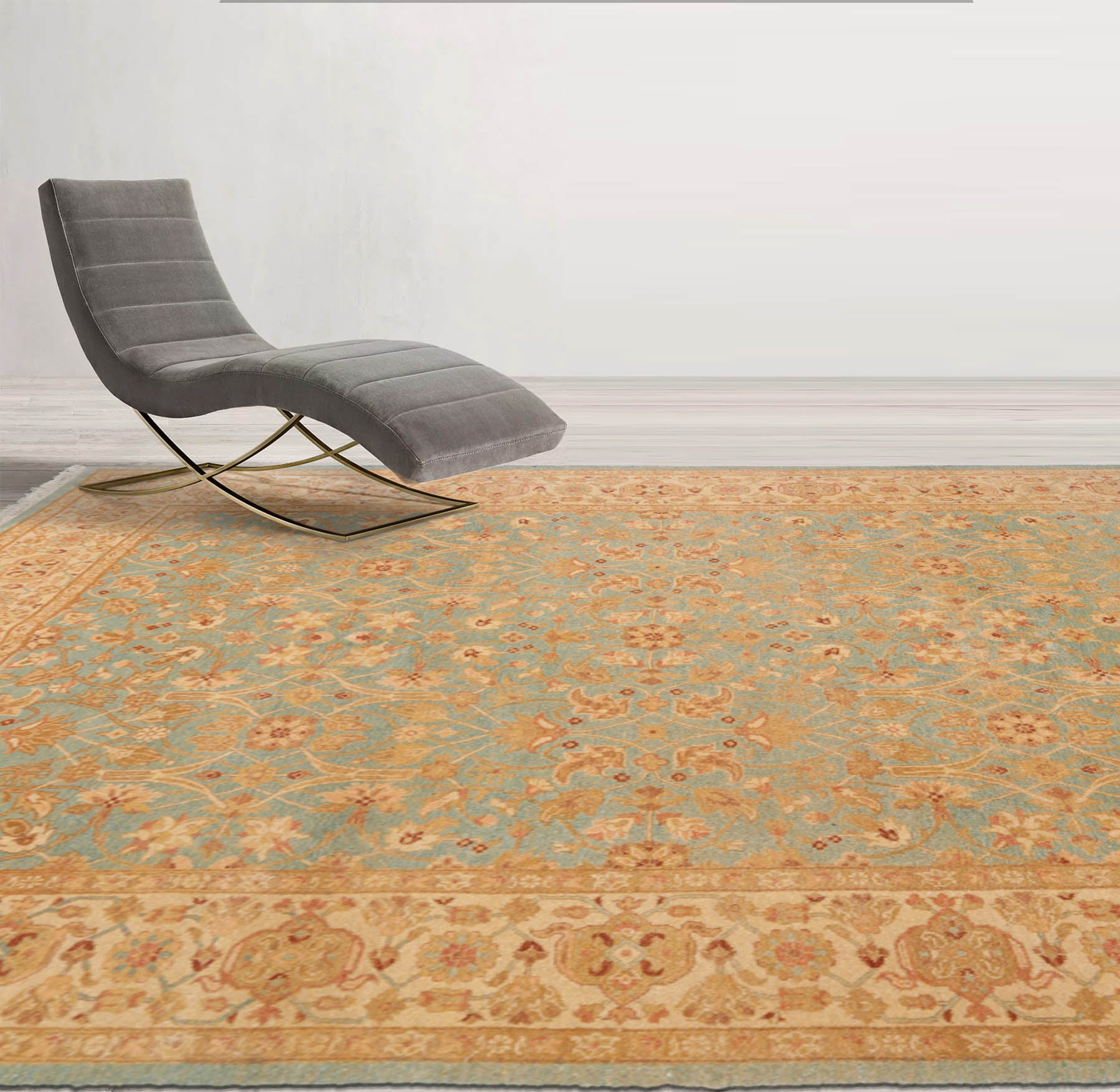6x8 Aqua, Beige, Tan Color Hand Knotted All-Over 100% Wool Traditional Oriental Rug