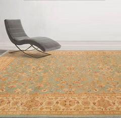 6x8 Aqua, Beige, Tan Color Hand Knotted All-Over 100% Wool Traditional Oriental Rug