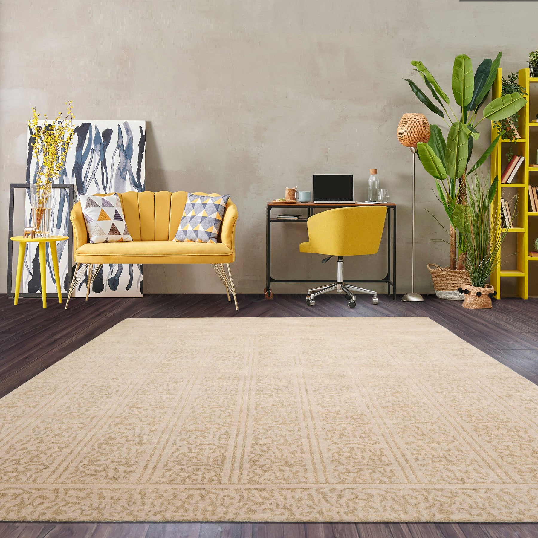 6x9 Beige, Champagne Color Hand Knotted All-Over Wool & Silk Transitional Oriental Rug