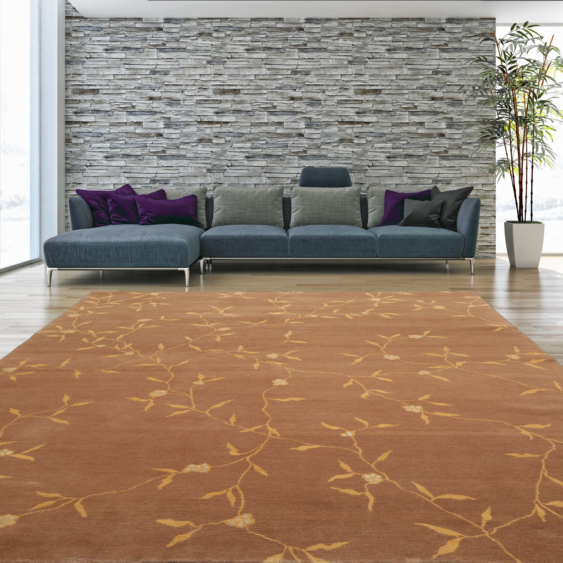 5x8 Camel, Gold, Muted Tones Color Hand Knotted All-Over Wool & Silk Transitional Oriental Rug