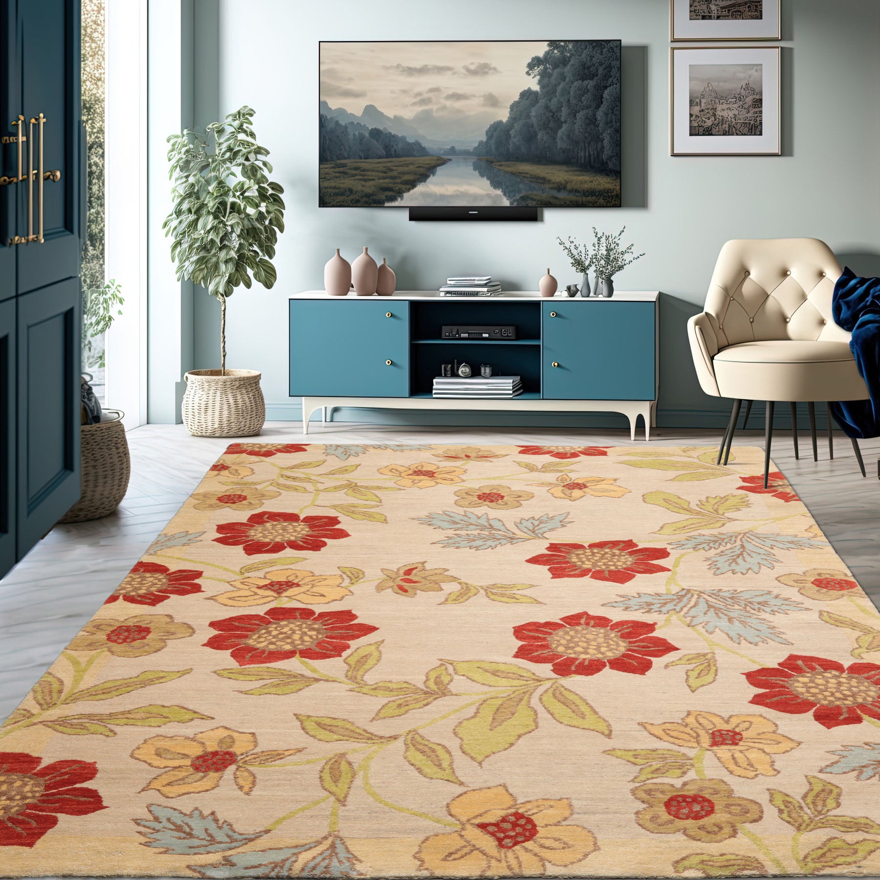 5x8 Beige, Lime, Tan Color Hand Knotted All-Over 100% Wool Transitional Oriental Rug