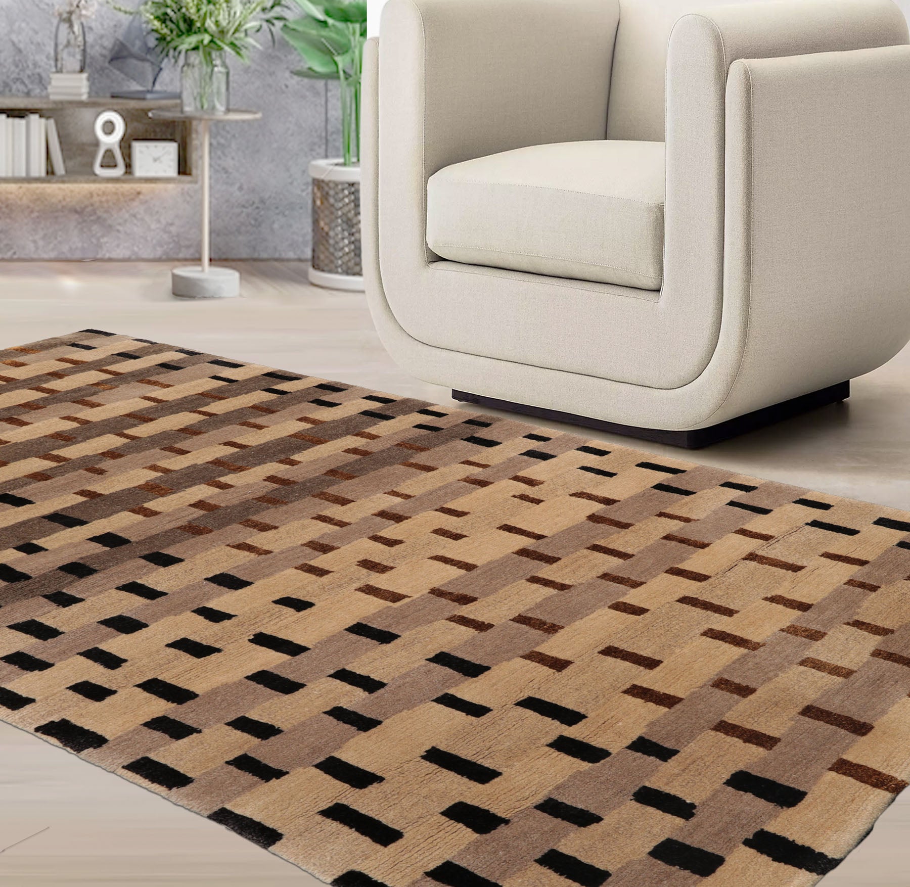 3x5 Tan, Beige, Gray Color Hand Knotted All-Over Wool & Silk Transitional Oriental Rug