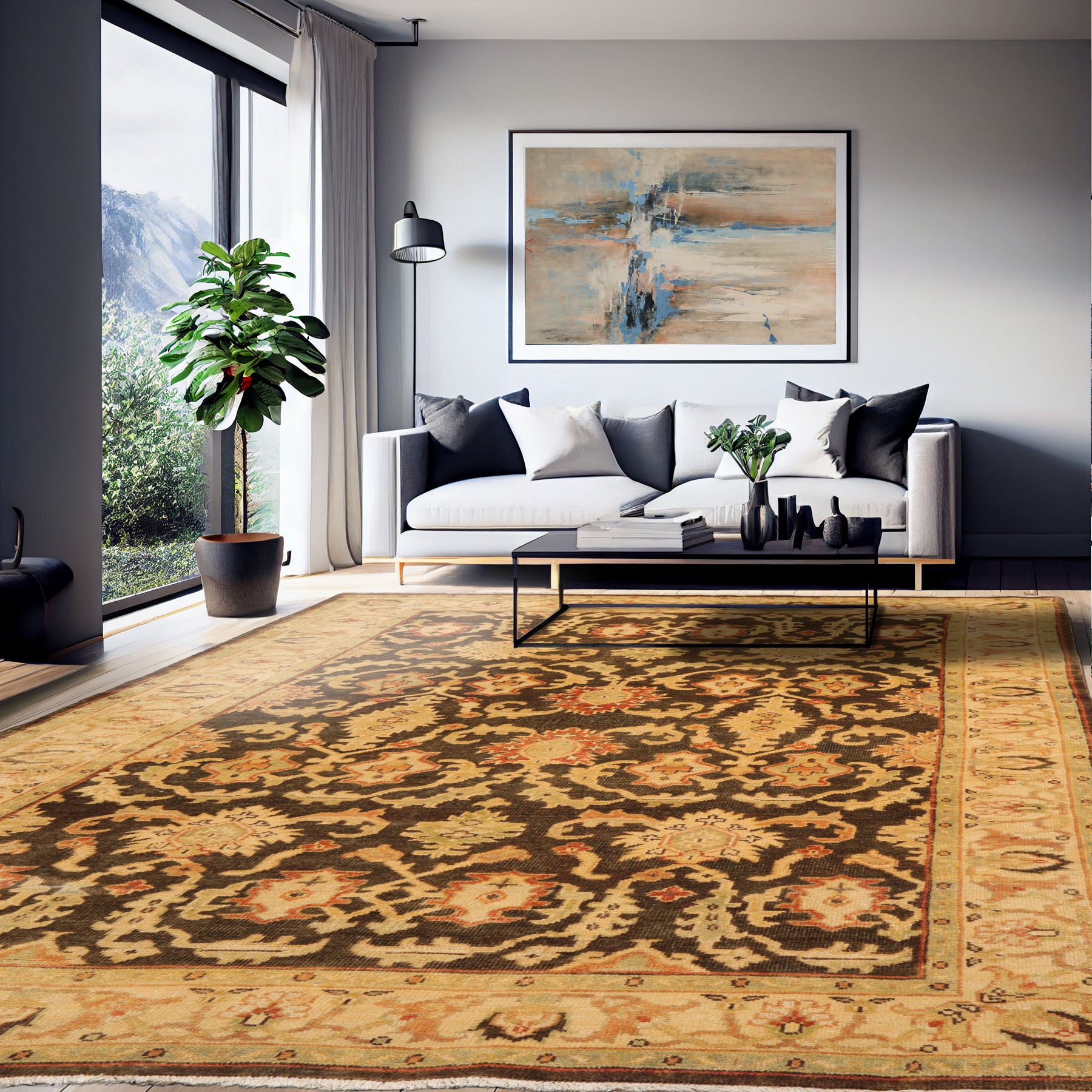 6x9 Brown, Beige, Gold Color Hand Knotted All-Over 100% Wool Traditional Oriental Rug