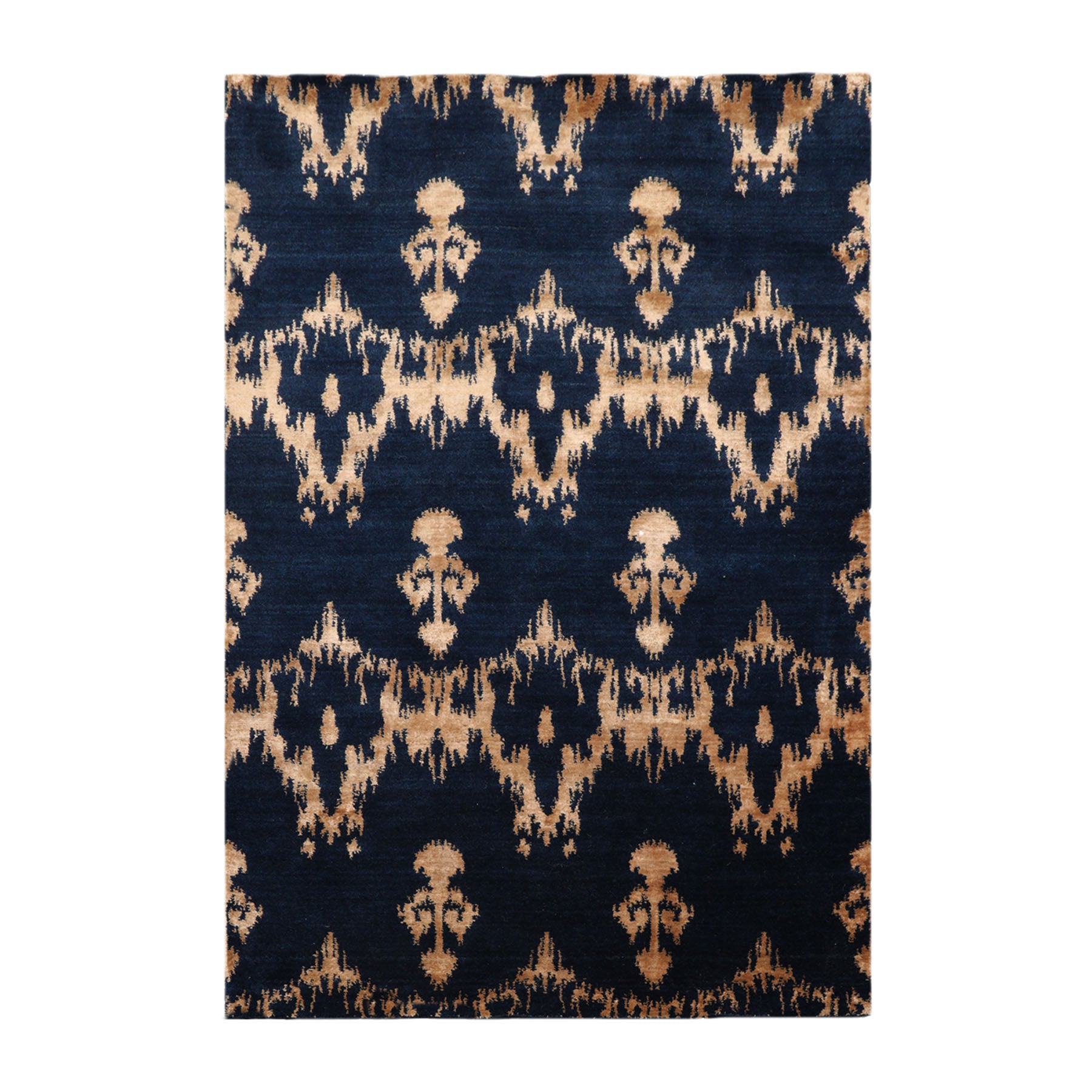 4x6 Navy, Beige Color Hand Knotted All-Over Wool & Silk Traditional Oriental Rug