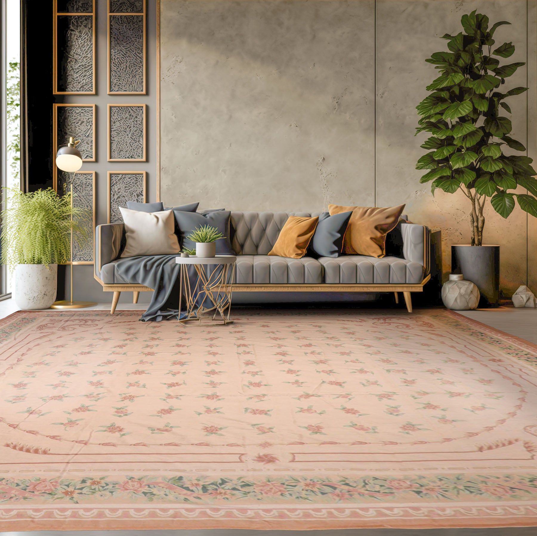 16' 3''x18' 6'' Blush Peach Green Color Hand Knotted All-Over 100% Wool Traditional Oriental Rug
