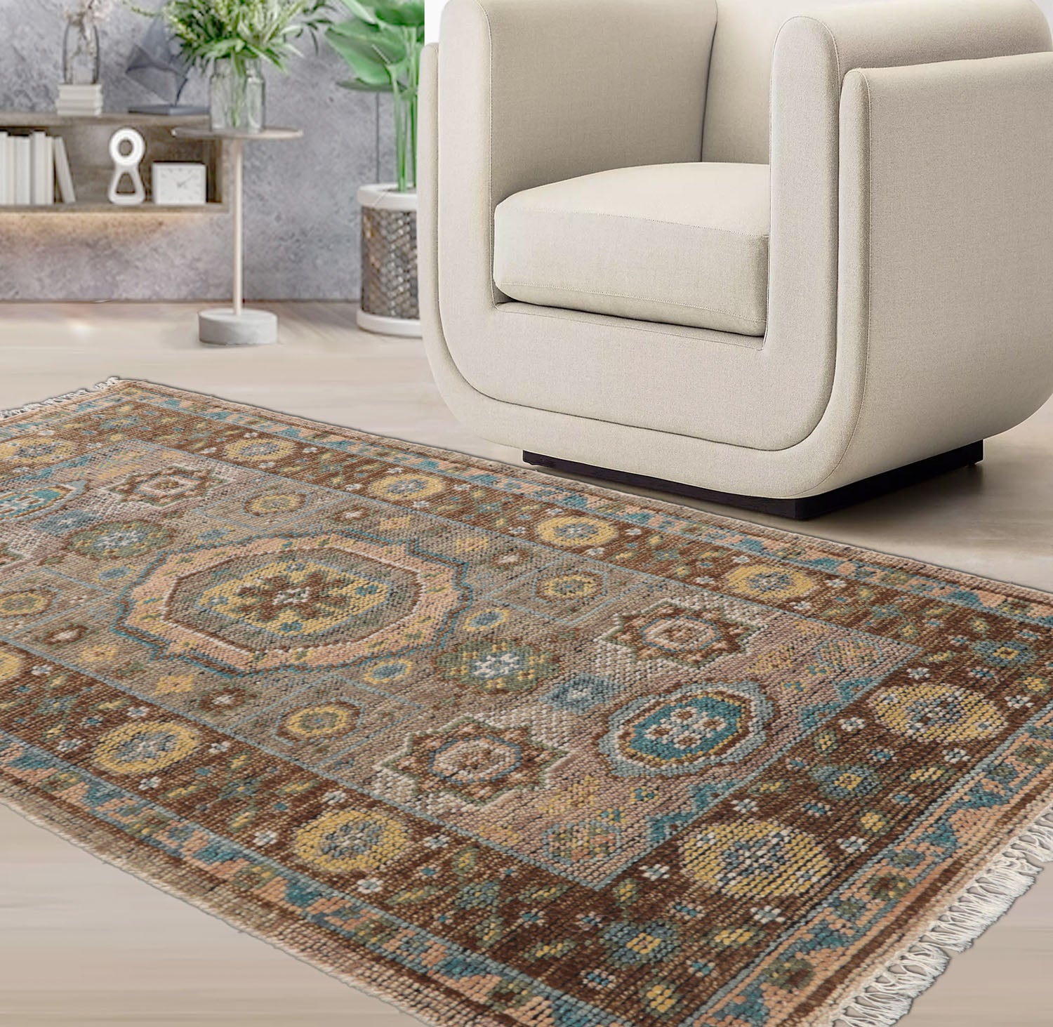 3' x5' Taupe Brown Aqua Color Hand Knotted All-Over 100% Wool Traditional Oriental Rug
