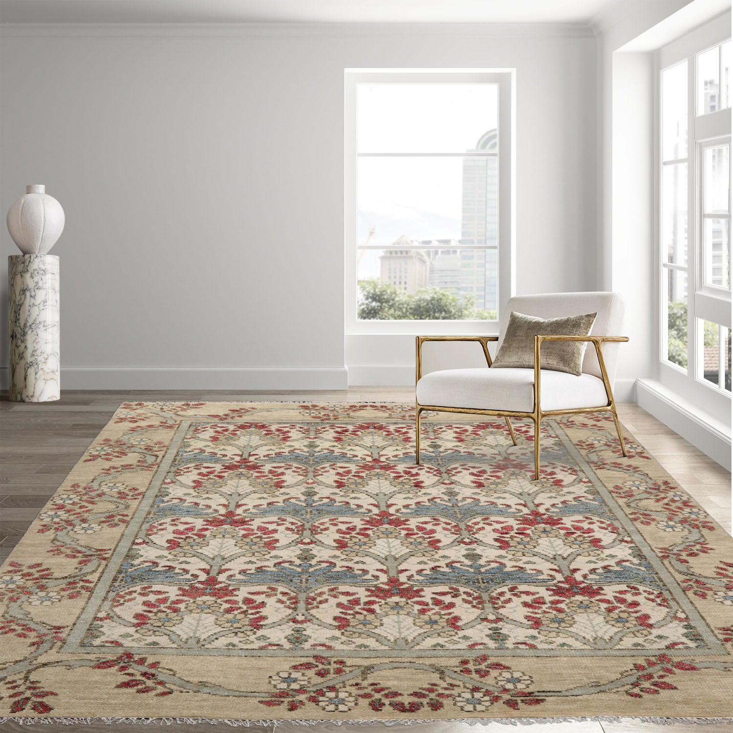8' 2''x9' 11'' Beige Moss Raspberry Color Hand Knotted All-Over 100% Wool Arts & Crafts Oriental Rug