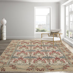 8' 2''x9' 11'' Beige Moss Raspberry Color Hand Knotted All-Over 100% Wool Arts & Crafts Oriental Rug