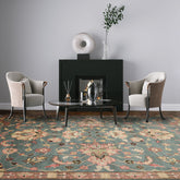 8' 11''x12' 1'' Teal Green Raspberry Brown Color Hand Knotted All-Over 100% Wool Arts & Crafts Oriental Rug