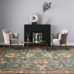 8' 11''x12' 1'' Teal Green Raspberry Brown Color Hand Knotted All-Over 100% Wool Arts & Crafts Oriental Rug