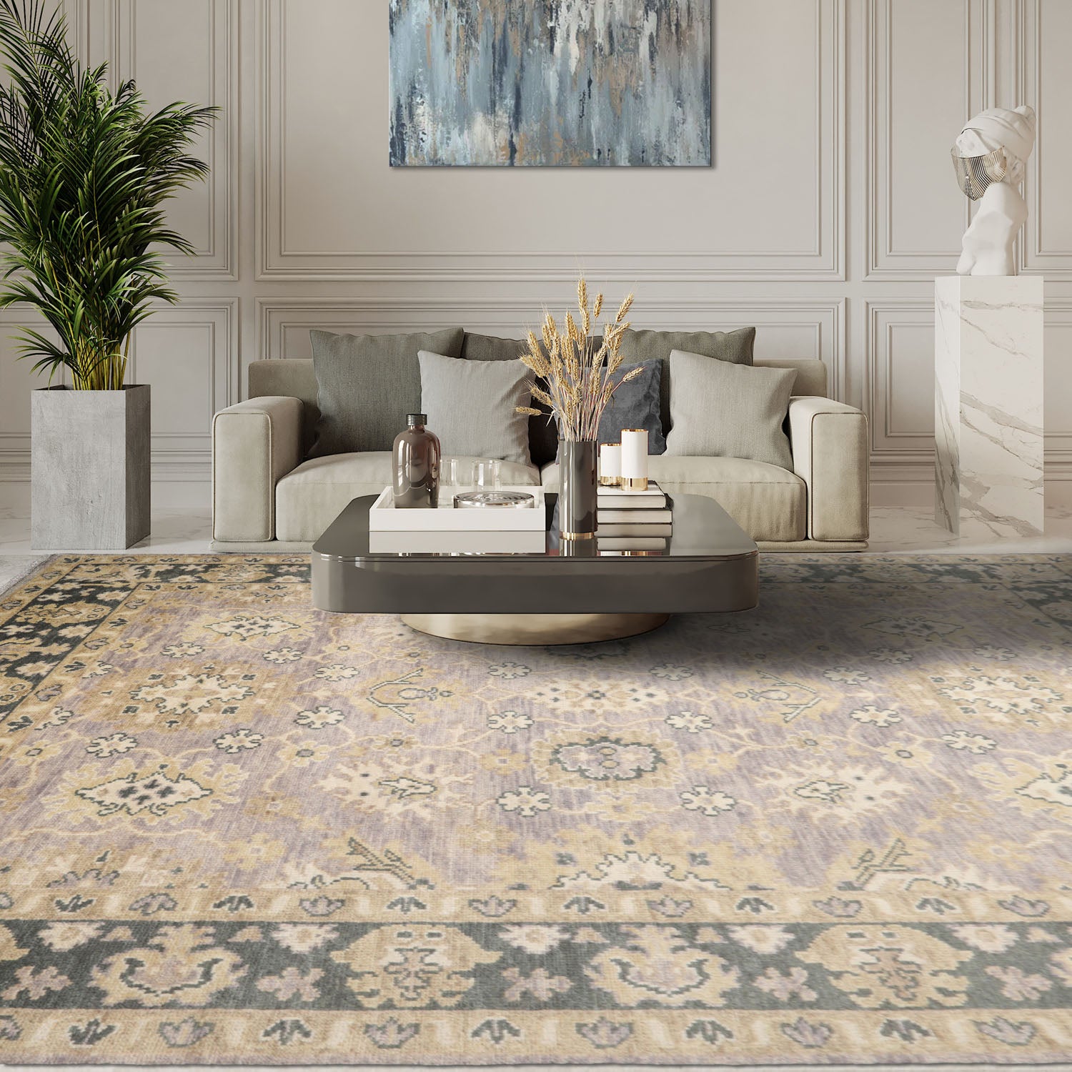 9' 1''x12' 2'' Faded Lilac Moss Beige Color Hand Knotted All-Over 100% Wool Transitional Oriental Rug