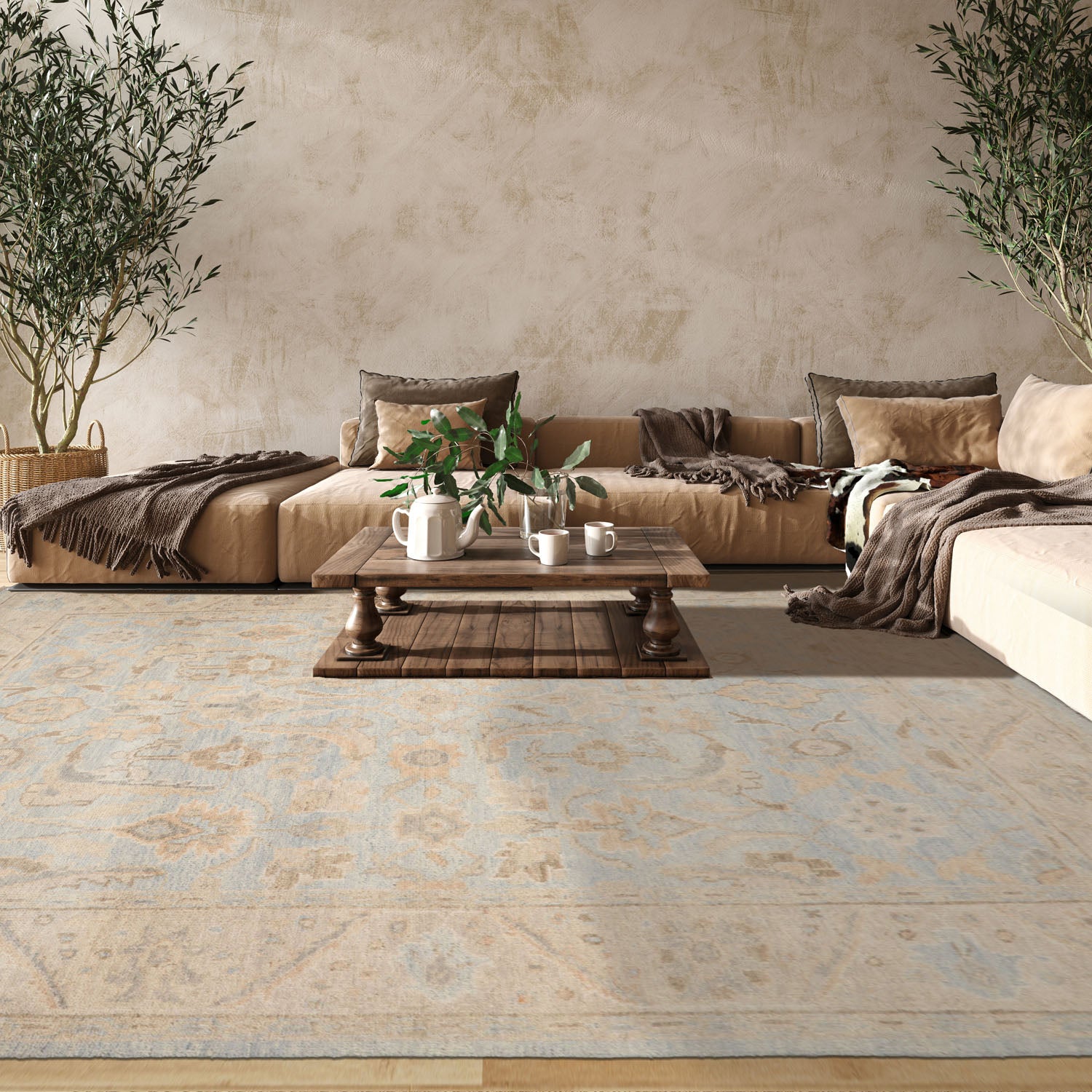 8' 11''x11' 10'' Blue Tan Beige Color Hand Knotted All-Over 100% Wool Transitional Oriental Rug