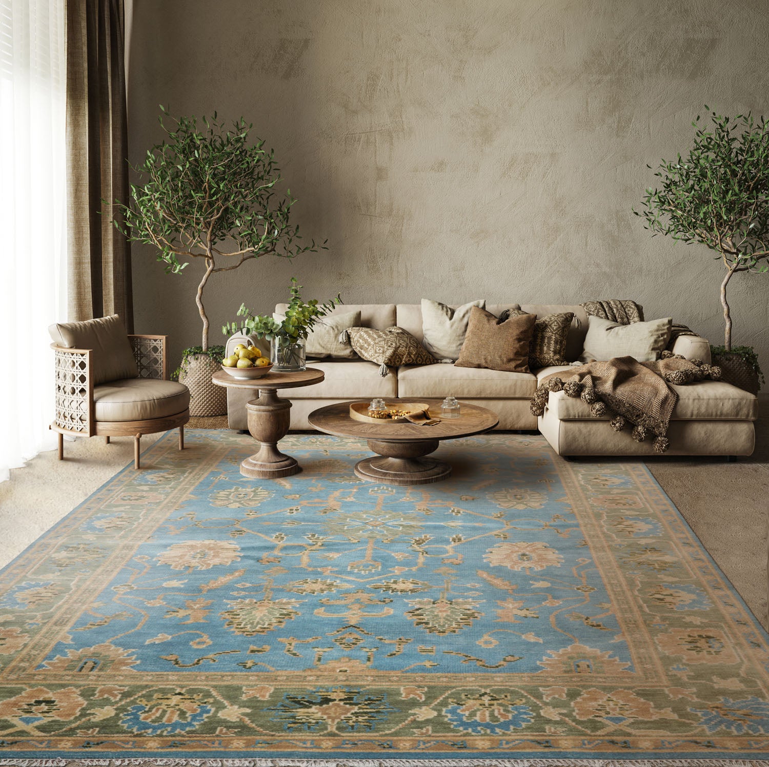 9' 1''x12' 2'' Aqua Sage Tan Color Hand Knotted All-Over 100% Wool Transitional Oriental Rug