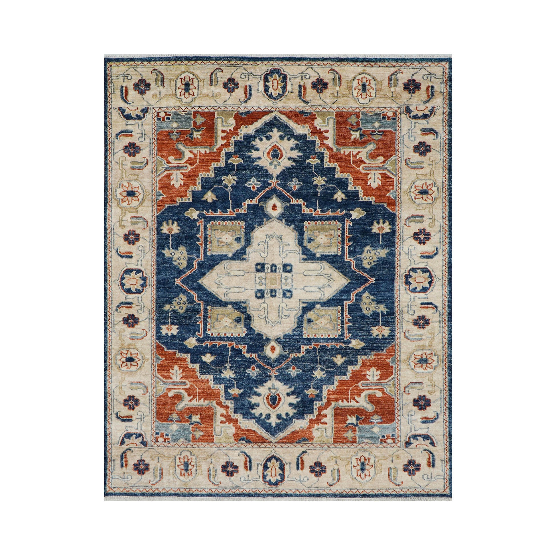 7' 11''x9' 11'' Navy Burnt Orange Beige Color Hand Knotted Turkish Oushak 100% Wool Transitional Oriental Rug