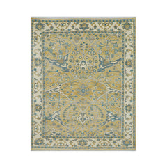 8' x9' 11'' Mustard Ivory Blue Color Hand Knotted Turkish Oushak 100% Wool Transitional Oriental Rug