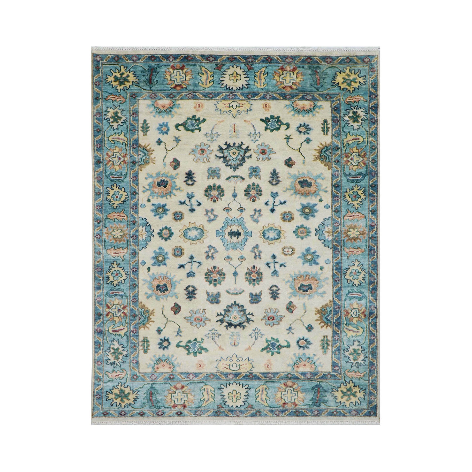7' 9''x9' 11'' Beige Aqua Blue Color Hand Knotted Turkish Oushak 100% Wool Transitional Oriental Rug