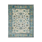 7' 9''x9' 11'' Beige Aqua Blue Color Hand Knotted Turkish Oushak 100% Wool Transitional Oriental Rug