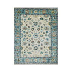 7' 9''x9' 11'' Beige Aqua Blue Color Hand Knotted Turkish Oushak 100% Wool Transitional Oriental Rug