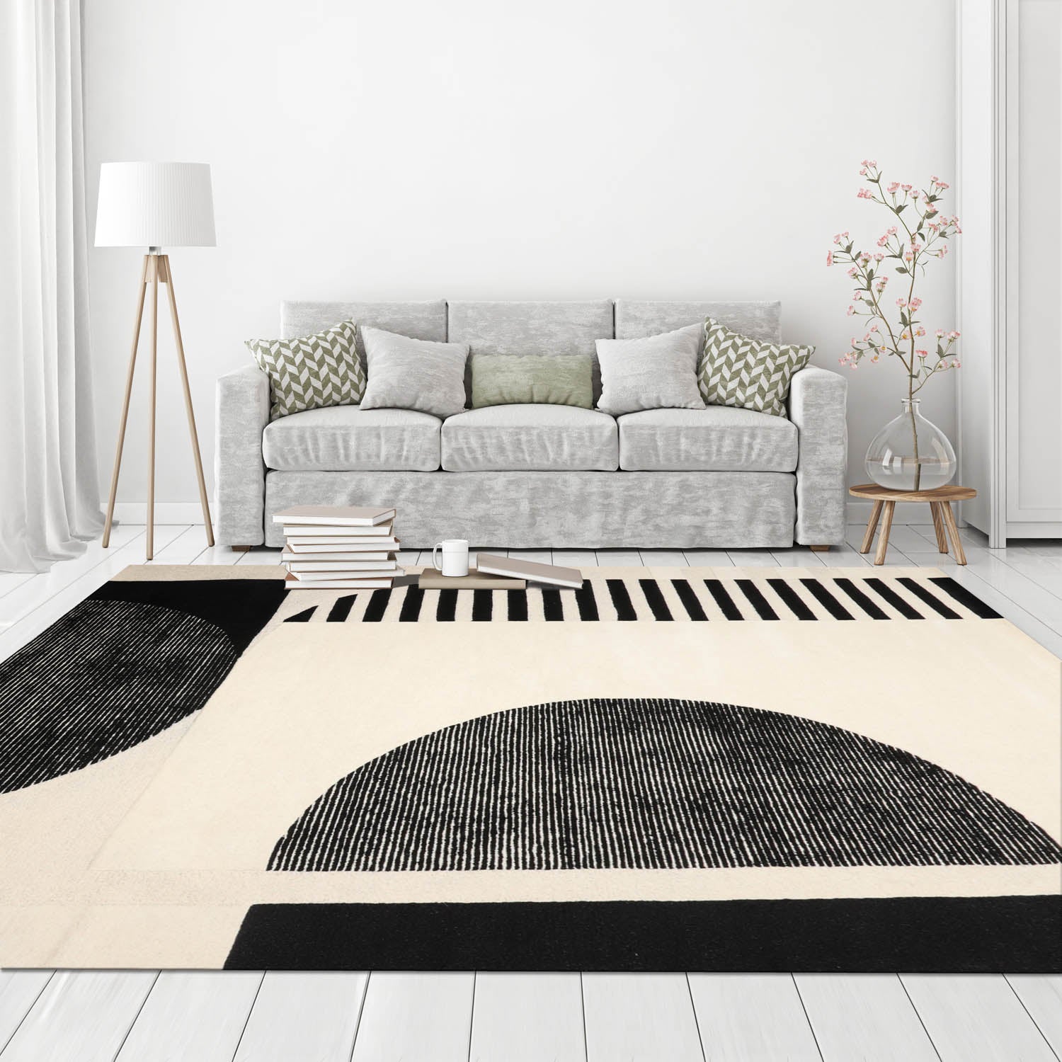 8' x10' Ivory Black Color Hand Tufted Hand Made 100% Wool Modern & Contemporary Oriental Rug