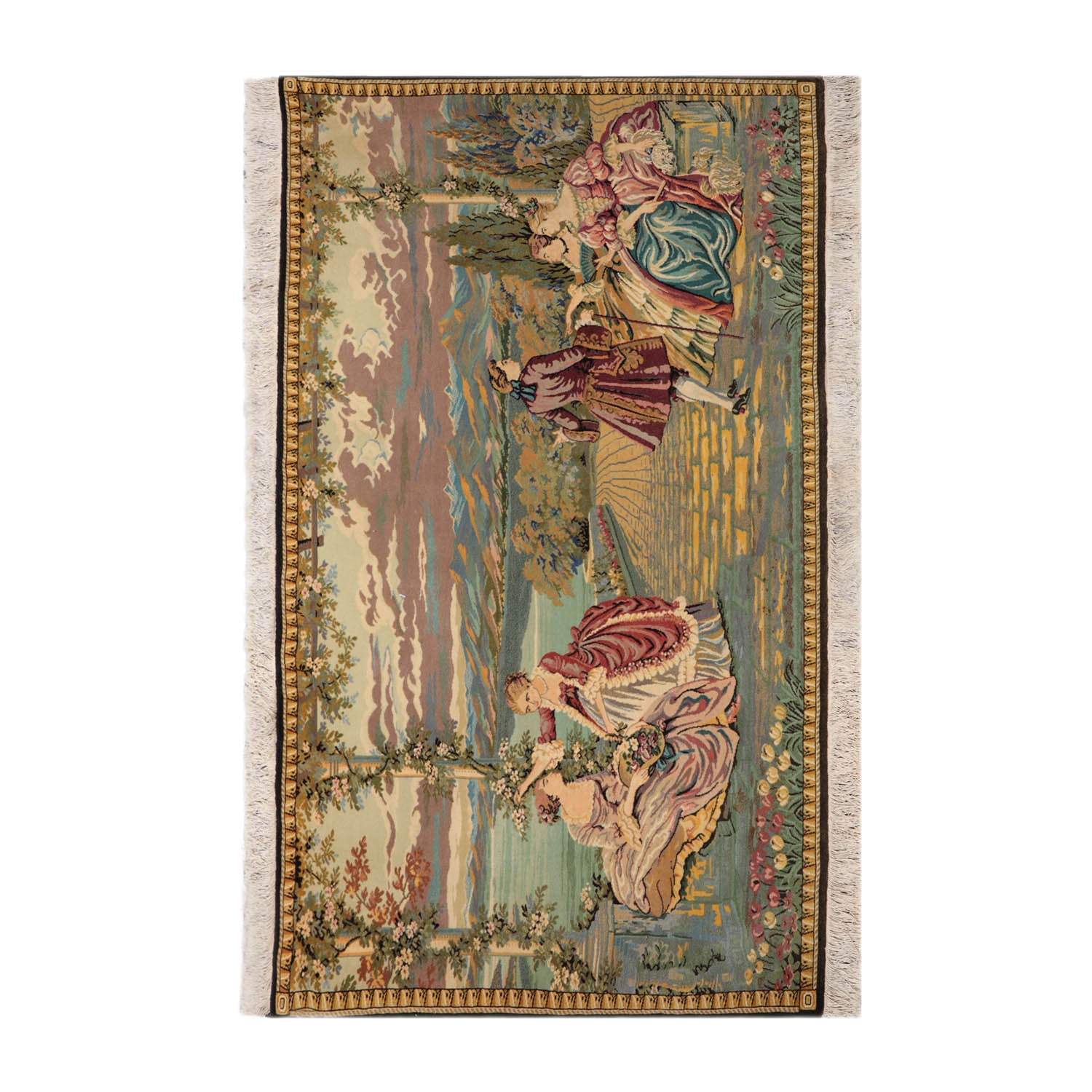 3' 2''x4' 10'' Beige Black Green Color Hand Knotted Persian 100% Wool Pictorial Oriental Rug