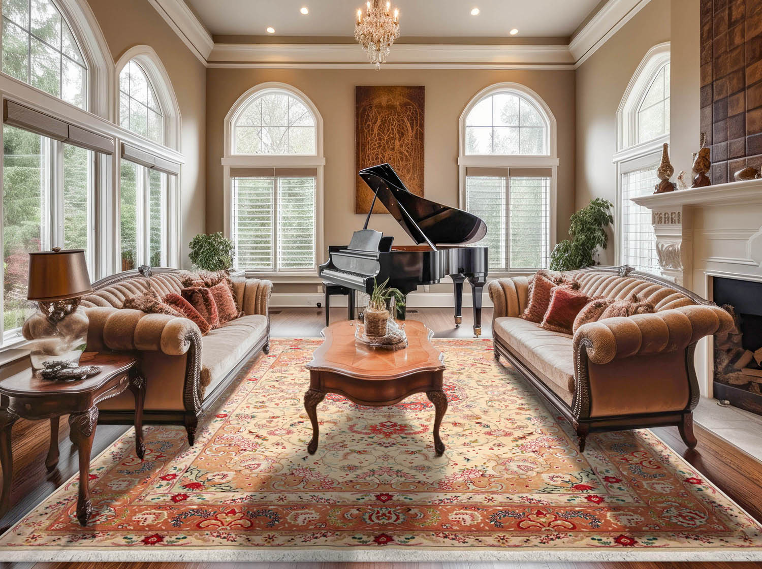 6' 7''x10' 2'' Ivory Peach Coral Color Hand Knotted Persian Wool and Silk Traditional Oriental Rug