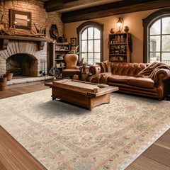 8' 1''x11' 5'' Ivory Taupe Mint Color Hand Knotted Persian Wool and Silk Traditional Oriental Rug