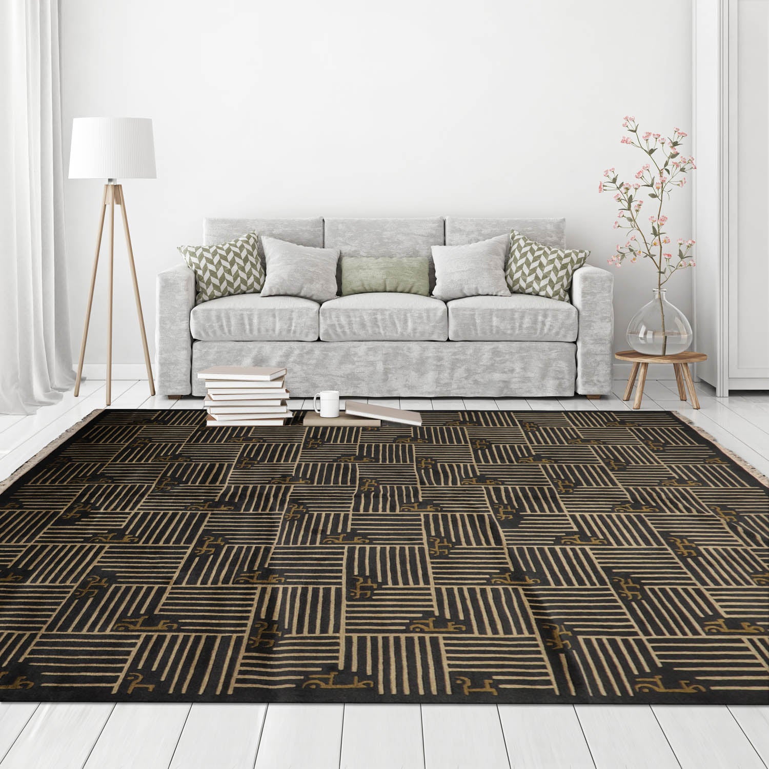 8' 10''x12' 1'' Charcoal Beige Olive Color Hand Knotted Tibetan 100% Wool Transitional Oriental Rug