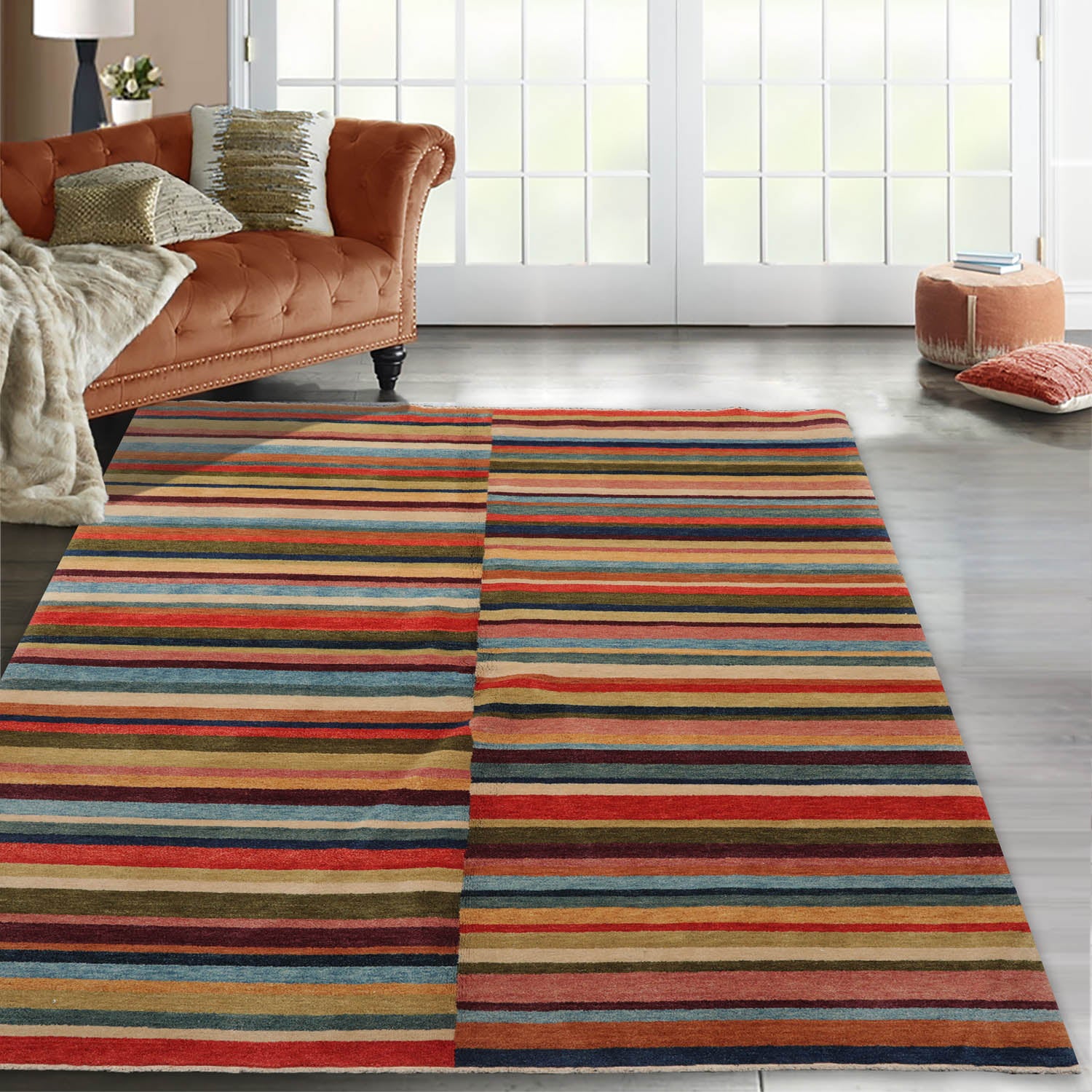 4' 2''x6' 2'' Blue Beige Orange Color Hand Knotted Tibetan 100% Wool Modern & Contemporary Oriental Rug